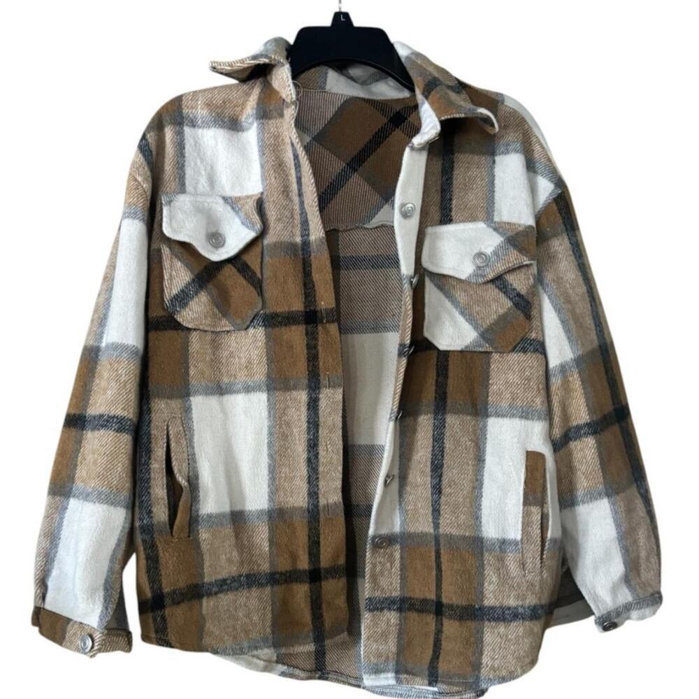 Brown Plaid Flannel Shacket 3/4 Sleeves Button Down Chest Pockets Layering
